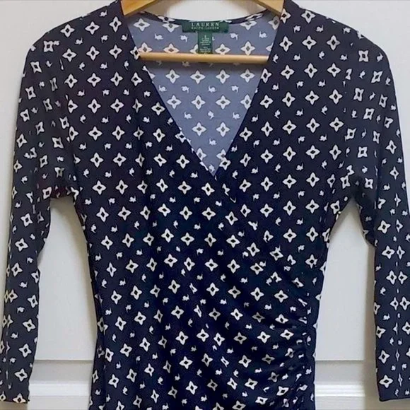LAUREN RALPH LAUREN S Navy White Jersey Knit Ruched Faux Wrap Dress - Picture 3 of 7